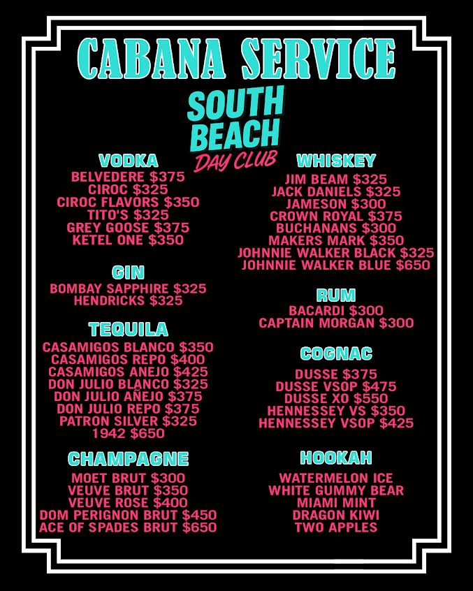 South Beach Bottles Menu