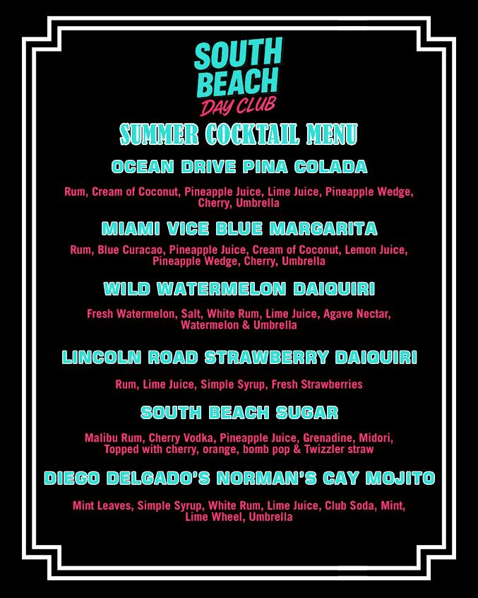 South Beach Cocktails Menu